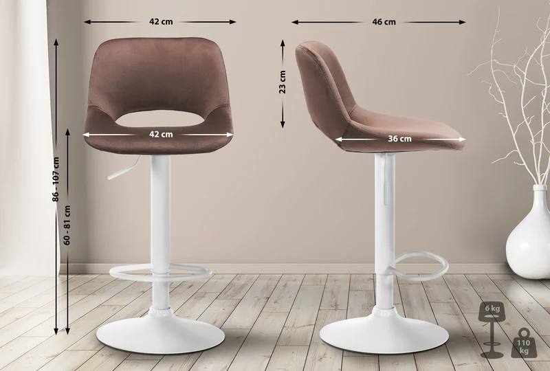 Tabouret de bar chaise haute x1 avec repose-pieds en velours marron piètement métallique blanc 10_0004608