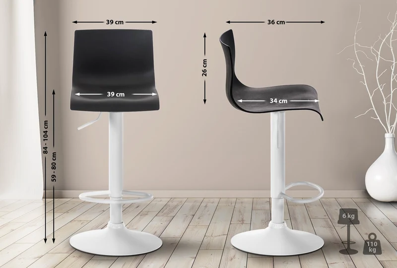 Tabouret de bar x1 avec repose-pieds pivotant dossier incurvé en plastique noir et métal blanc 10_0004983