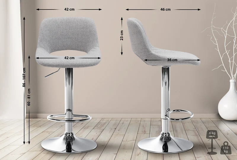 Tabouret de bar chaise haute x1 avec repose-pieds en tissu gris clair piètement métallique chromé 10_0004612