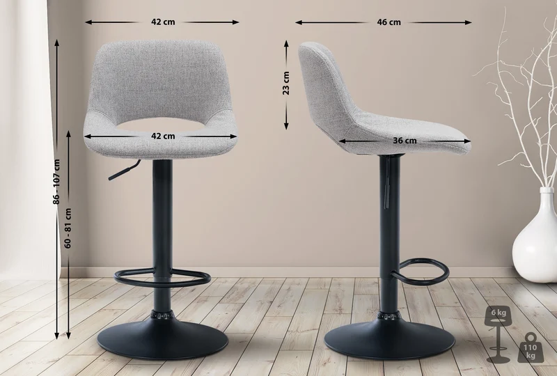 Tabourets de bar chaises haute x2 avec repose-pieds en tissu gris clair piètement métallique noir 10_0004097