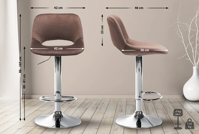 Tabourets de bar chaises haute x2 avec repose-pieds en velours marron piètement métallique chromé 10_0004076