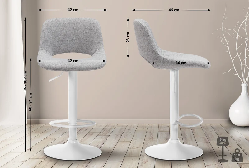 Tabouret de bar chaise haute x1 avec repose-pieds en tissu gris clair piètement métallique blanc 10_0004618