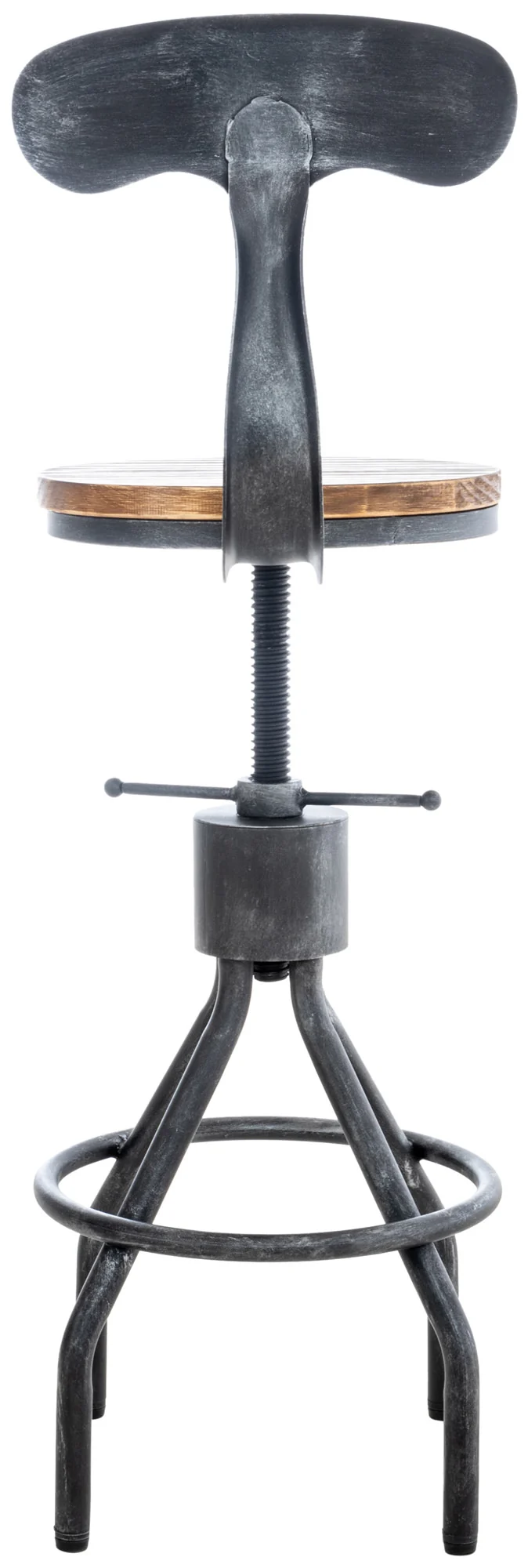 Lot de 2 tabourets de bar industriels en bois et métal argenté – Réglables en hauteur avec dossier et repose-pieds 10_0006428