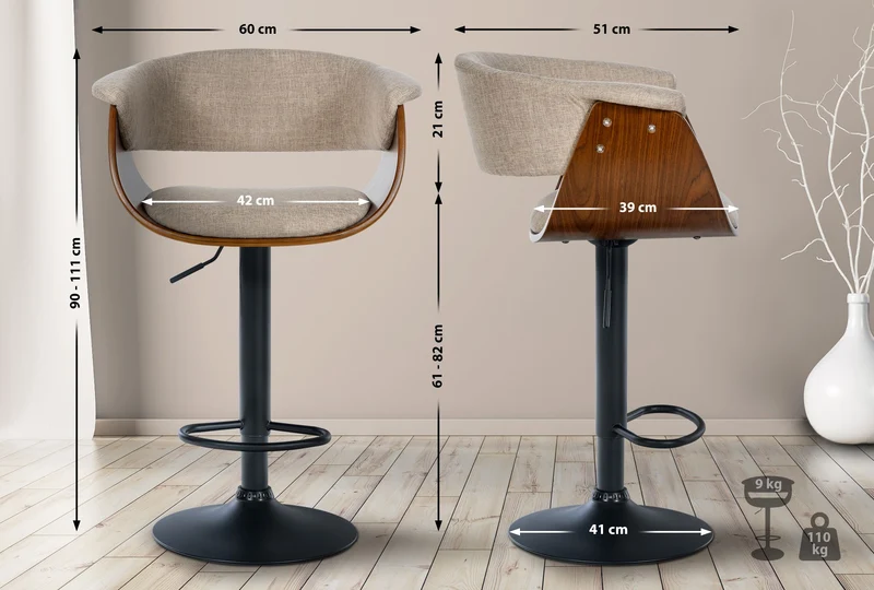 Lot de 2 tabourets de bar réglables et pivotants – Assise tissu crème avec coque bois piètement métal noir 10_0006414