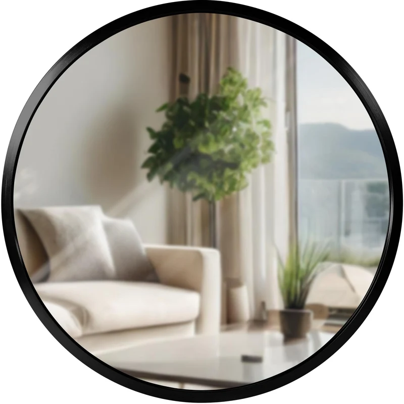 Miroir mural rond 30 cm cadre minimaliste noir 3 cm design moderne fixation murale incluse 10_0008741