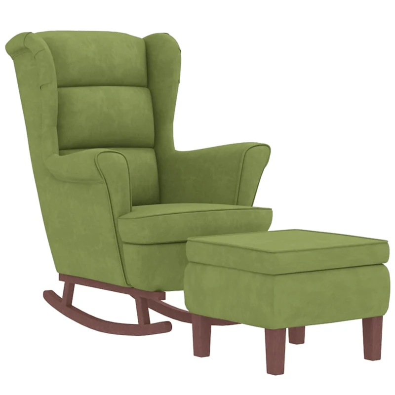 Fauteuil à bascule d'allaitement rembourré relax pour salon avec pieds en bois et repose-pieds tissu vert clair vert DEC028768