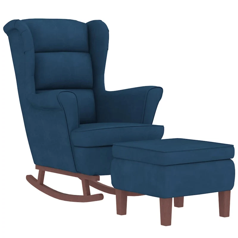 Fauteuil à bascule d'allaitement rembourré relax pour salon avec pieds en bois et repose-pieds en velours bleu DEC028750