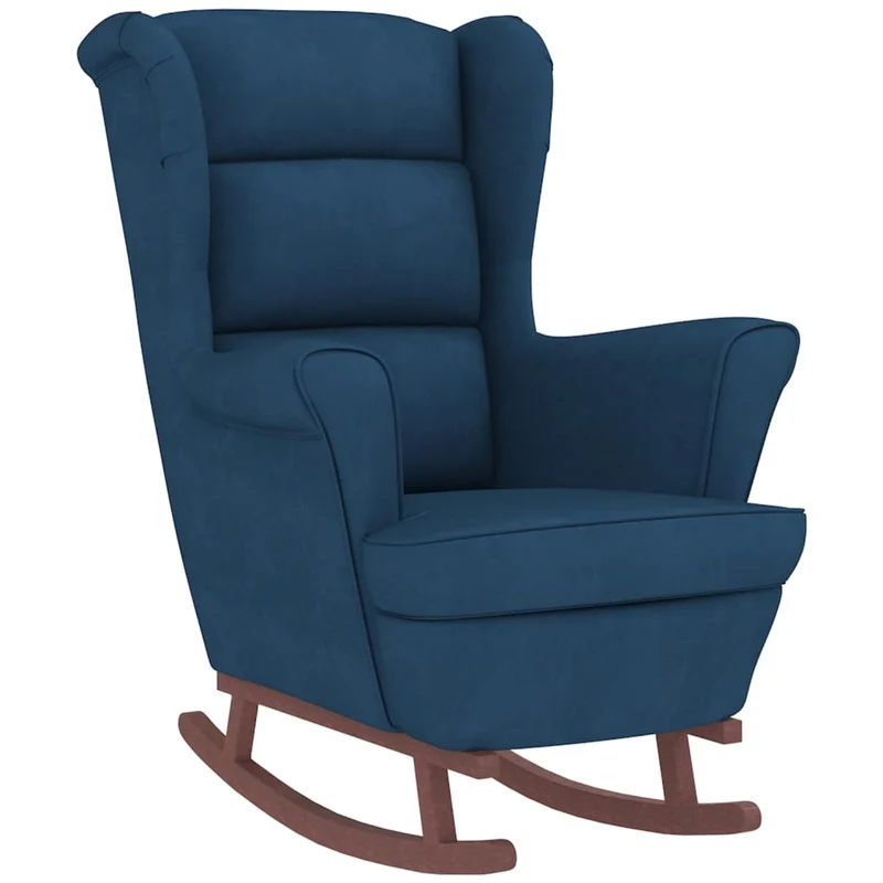 Fauteuil à bascule d'allaitement rembourré relax pour salon avec pieds en bois et repose-pieds en velours bleu DEC028750