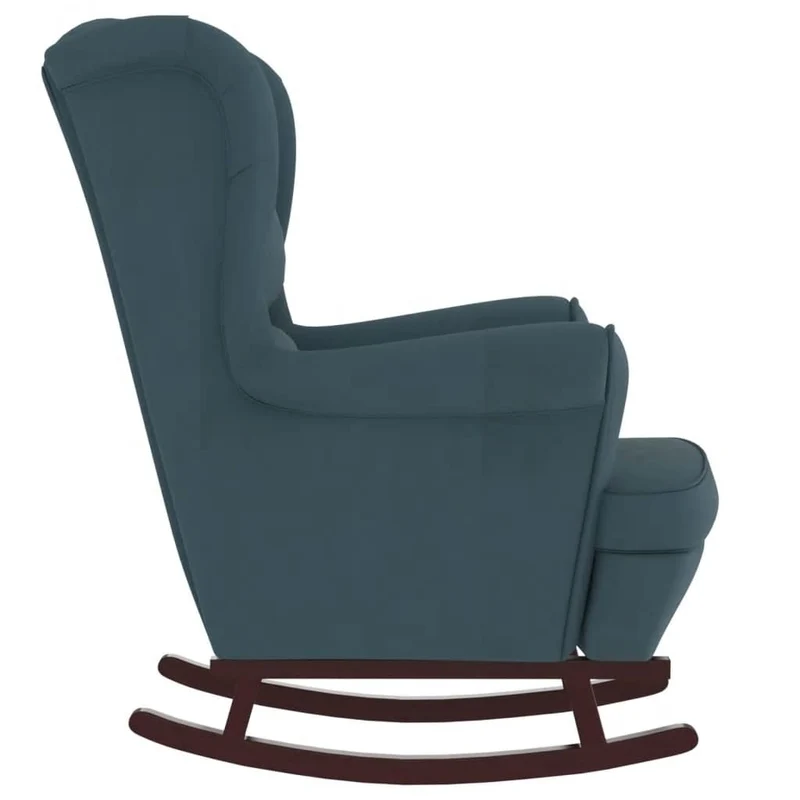 Fauteuil à bascule d'allaitement rembourré relax pour salon avec pieds en bois et repose-pieds en velours bleu DEC028750
