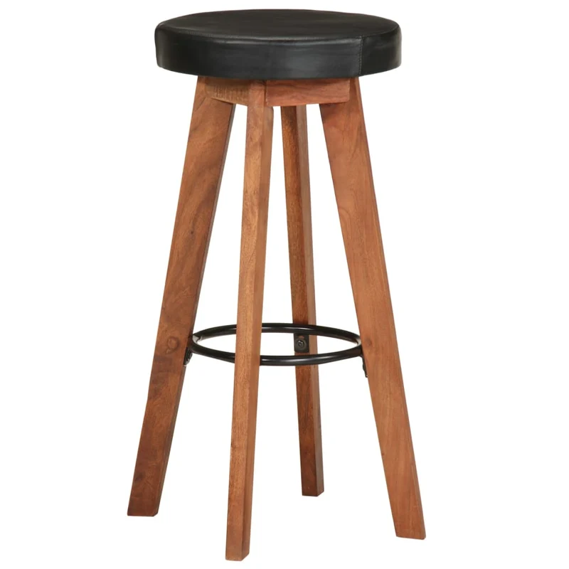 Lot de 2 tabourets de bar chaises hautes design rétro en cuir véritable noir et bois d'acacia DEC029567