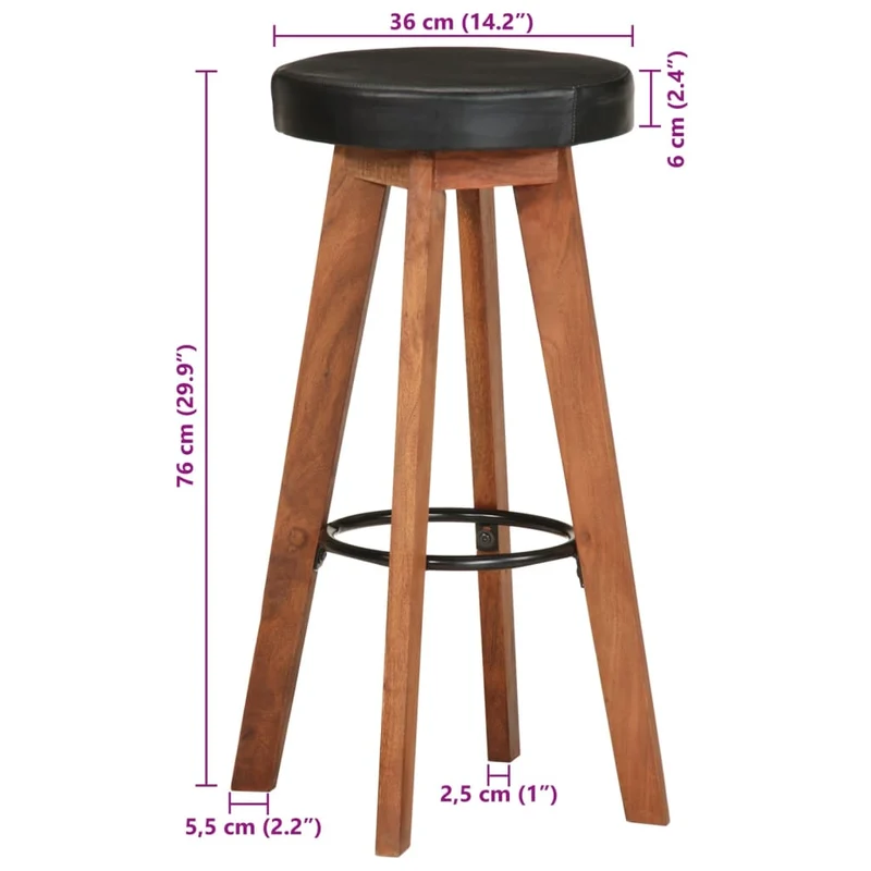 Lot de 2 tabourets de bar chaises hautes design rétro en cuir véritable noir et bois d'acacia DEC029567