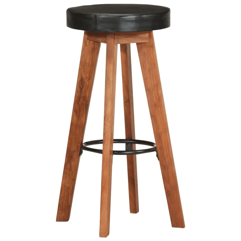 Lot de 2 tabourets de bar chaises hautes design rétro en cuir véritable noir et bois d'acacia DEC029567