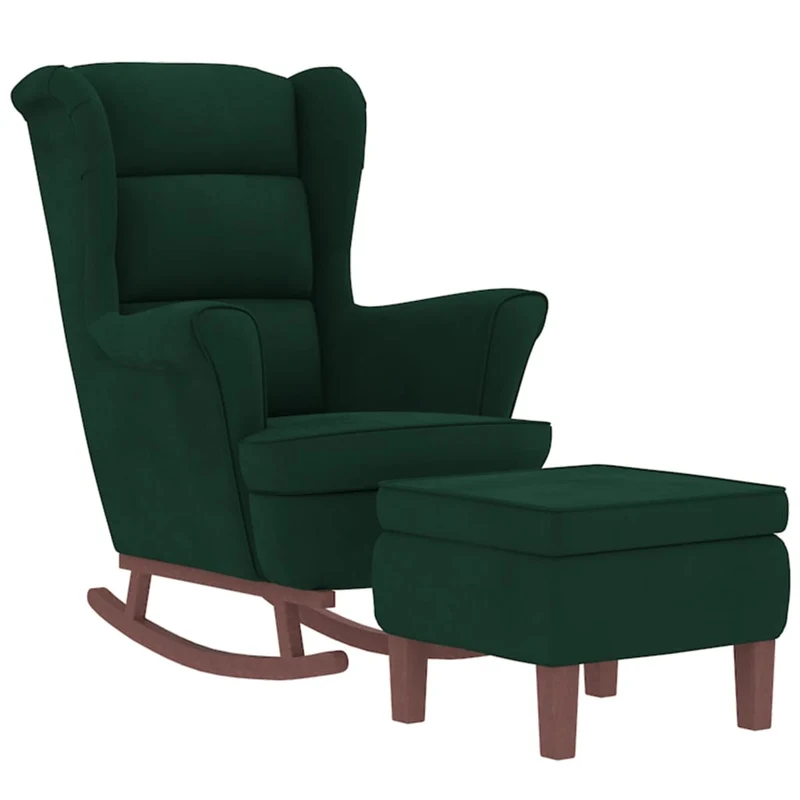 Fauteuil à bascule d'allaitement rembourré relax pour salon avec pieds en bois et repose-pieds tissu vert foncé DEC028770