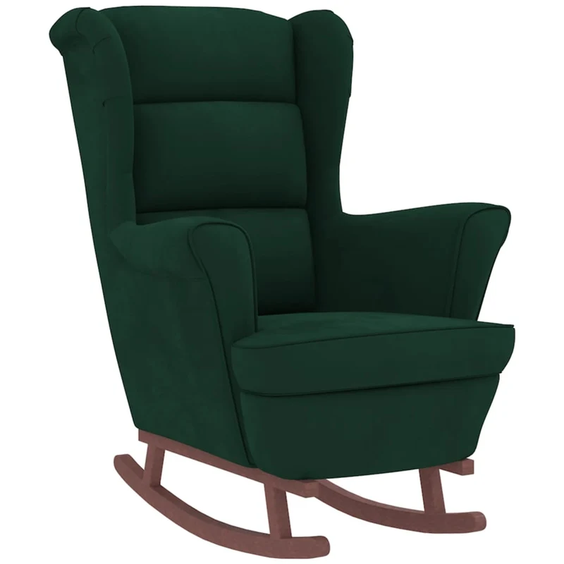Fauteuil à bascule d'allaitement rembourré relax pour salon avec pieds en bois et repose-pieds tissu vert foncé DEC028770