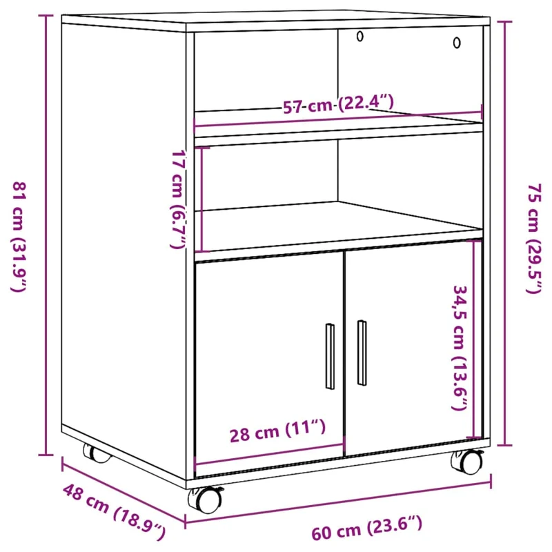 Meuble de bureau sur roulettes armoire de rangement 60 x 48 x 81 cm bois ingénierie couleur chêne DEC024491