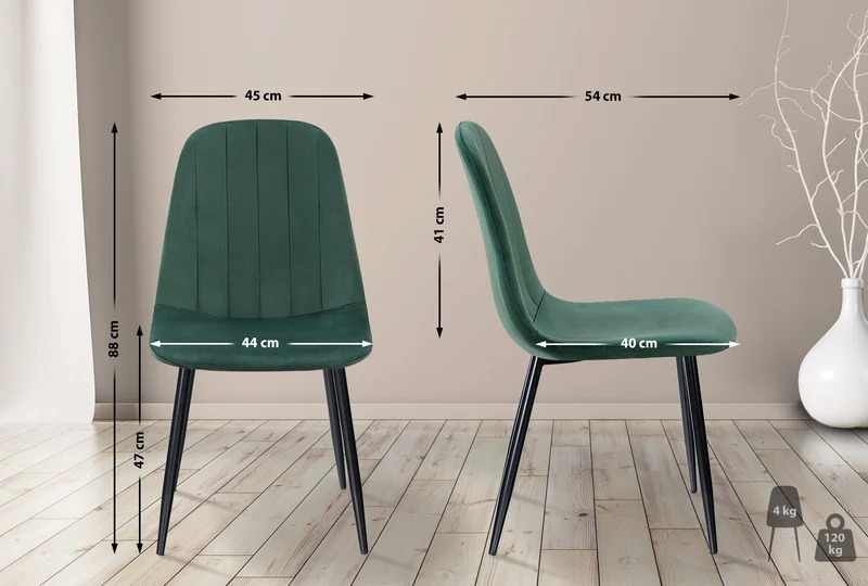 Chaise de salle à manger x1 design moderne coutures verticales velours vert et pieds en métal noir 10_0001983