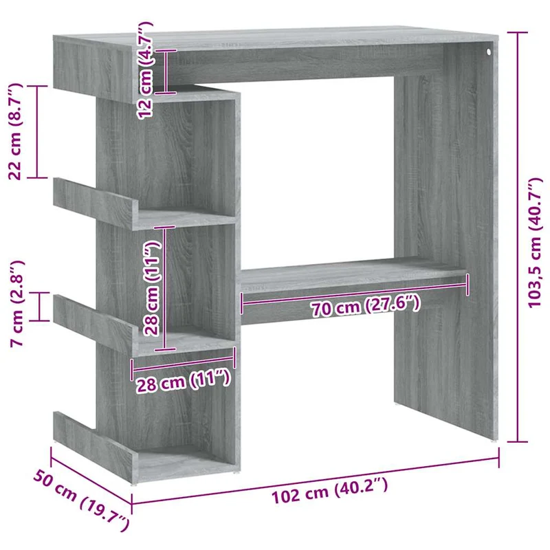 Table d’appoint multifonction table de bar avec étagère de rangement 100 x 50 x 101,5 cm bois d'ingénierie gris DEC036453