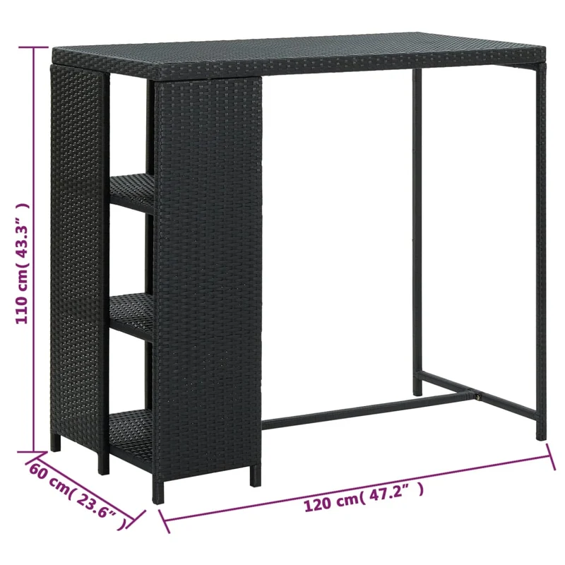 Table d’appoint multifonction table haute avec rangement 120 x 60 x 110 cm résine tressée noir et acier DEC036336