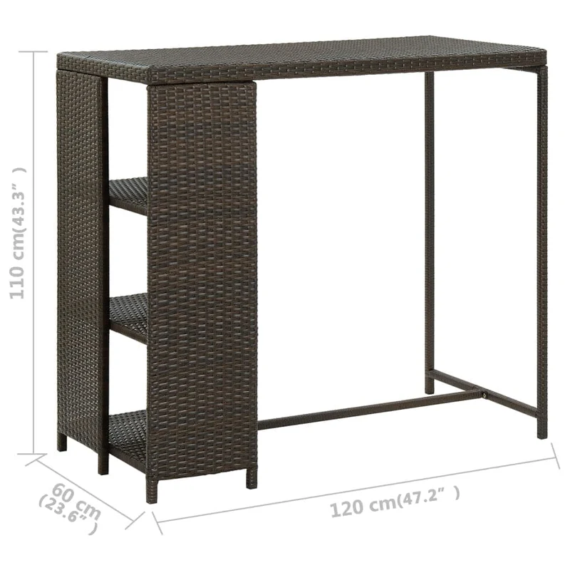 Table d’appoint multifonction table haute avec étagères de rangement 120 x 60 x 110 cm résine tressée marron et acier DEC036334