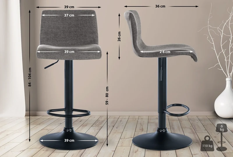 Lot de 2 tabourets de bar design simple avec repose-pieds en tissu gris clair pieds en métal noir 10_0004053