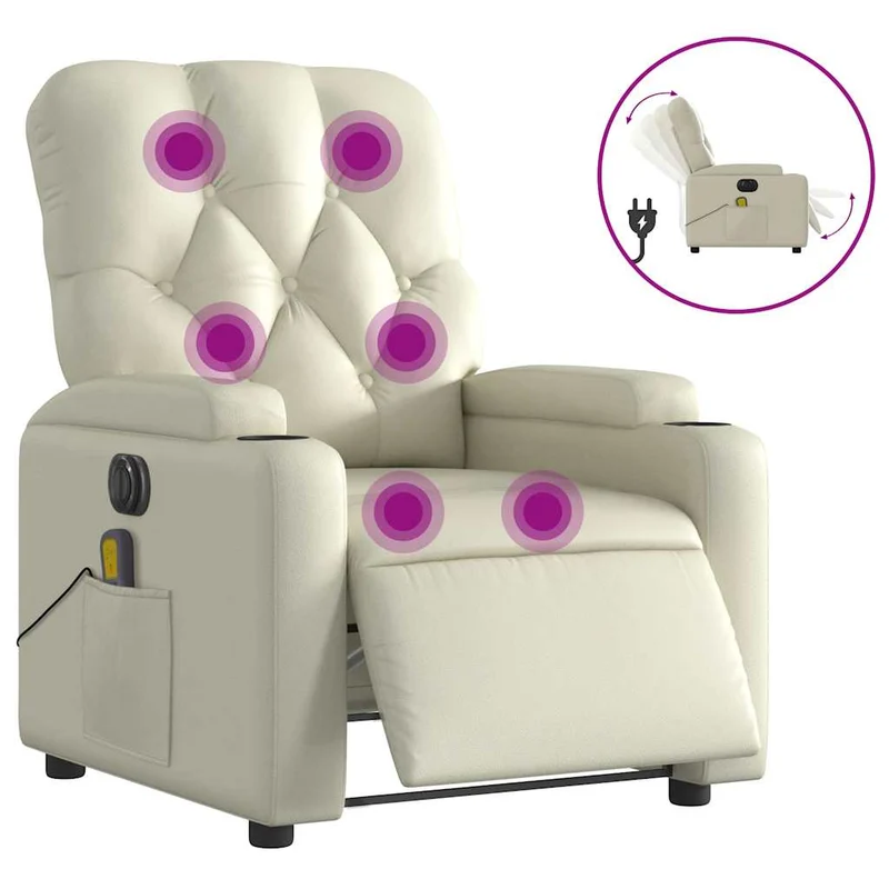 Fauteuil de relaxation TV fonction massage inclinable électrique 6 points de massage en PVC crème DEC027155
