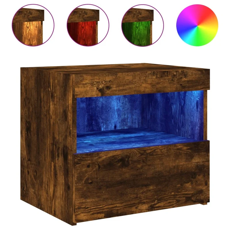 Table de chevet avec lumières LED avec tiroir et compartiment ouvert 50 x 40 x 45 cm bois d'ingénierie marron DEC033176