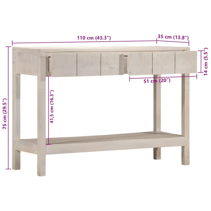 Table console avec 2 tiroirs et 1 étagère 110 x 35 x 75 cm bois de manguier blanc DEC031687