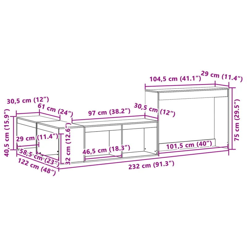 Table de chevet avec bureau design en forme de L 232 x 122 x 75 cm bois de pin DEC033115