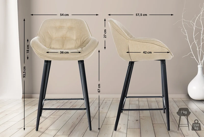 Tabouret de bar chaise haute x1 assise effet capitonnée en tissu crème et métal noir 10_0004901