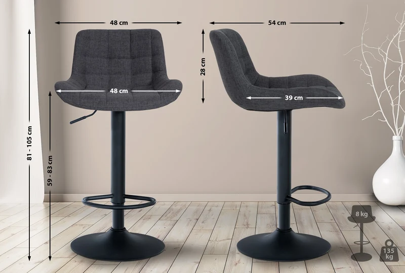 Tabouret de bar x1 structure métallique noir assise en tissu noir avec surpiqûres 10_0005450