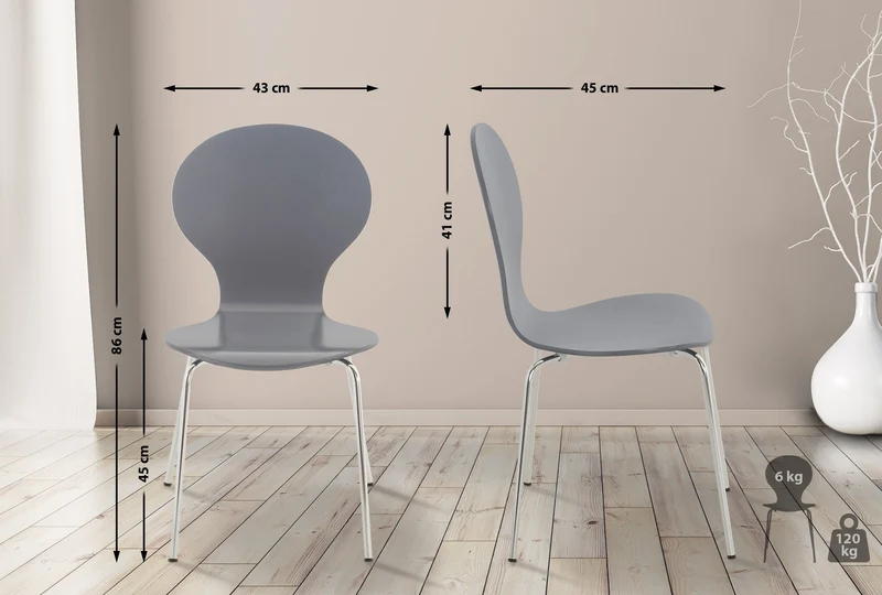 Chaise de cuisine salle à manger x1 empilable dossier arrondi en bois gris et métal chromé 10_0003346