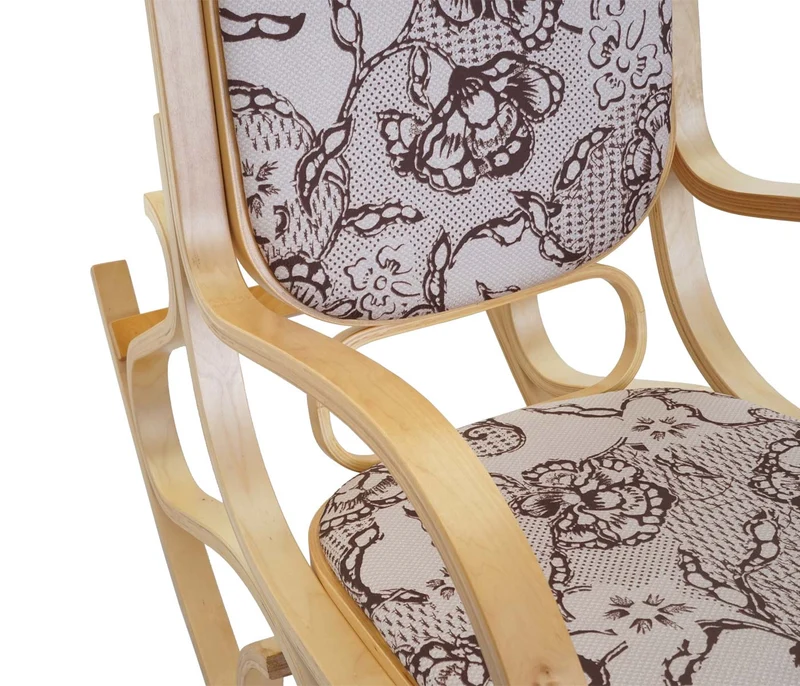 Fauteuil à bascule rocking chair en bois clair et tissu fleur marron FAB04023