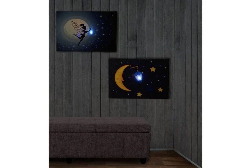 Toile de décoration murale x2 LED tableau illuminé motif fée/lune DEC04013