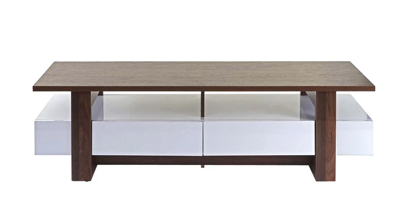 Meuble TV table basse avec tiroirs de rangement aspect noyer brillant 46x150x45cm 04_0005452