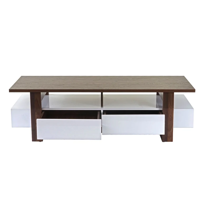 Meuble TV table basse avec tiroirs de rangement aspect noyer brillant 46x150x45cm 04_0005452
