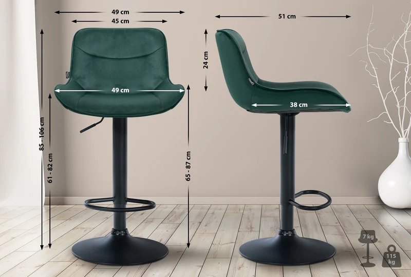 Lot de 2 tabourets de bar pivotant forme ergonomique surpiqûres décoratives en velours vert cadre en métal noir 10_0006602
