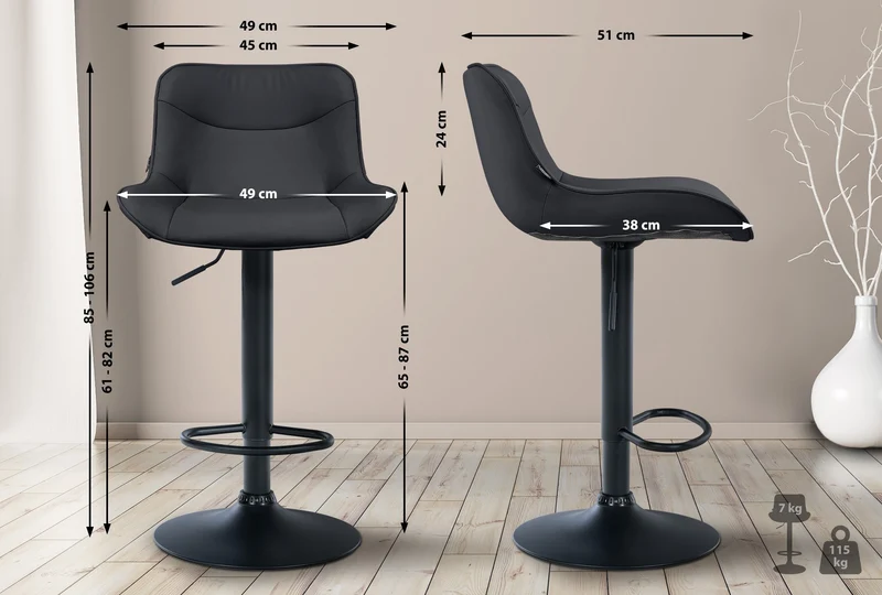 Tabouret de bar x1 pivotant forme ergonomique surpiqûres décoratives en PVC noir cadre en métal noir 10_0005775