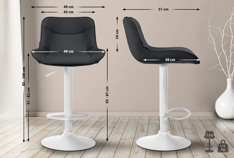 Lot de 2 tabourets de bar x1 avec coutures décoratives en PVC noir pied en trompette métal blanc 10_0004458