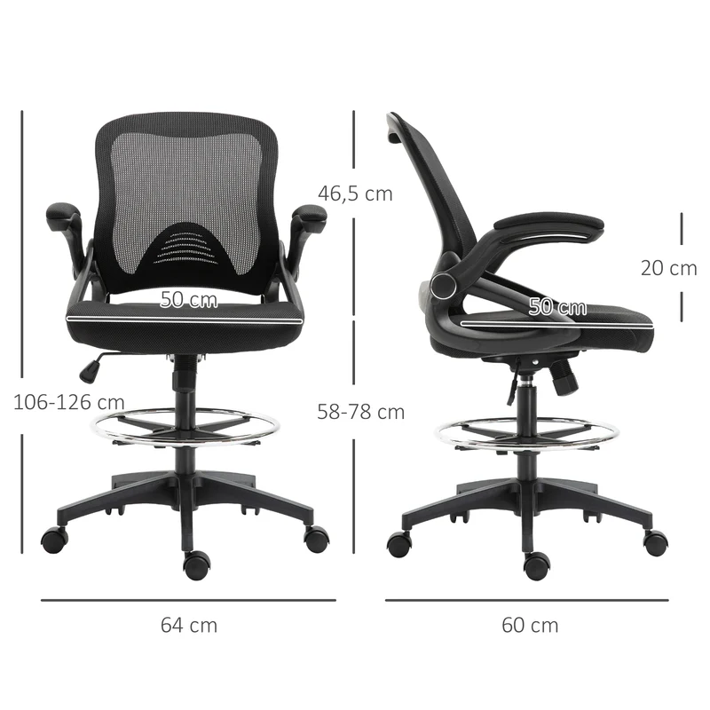 Lot de 2 fauteuils de bureau assise haute réglable 64 x 60 x 106-126 cm ergonomique design contemporain en maille noir 21_0006343