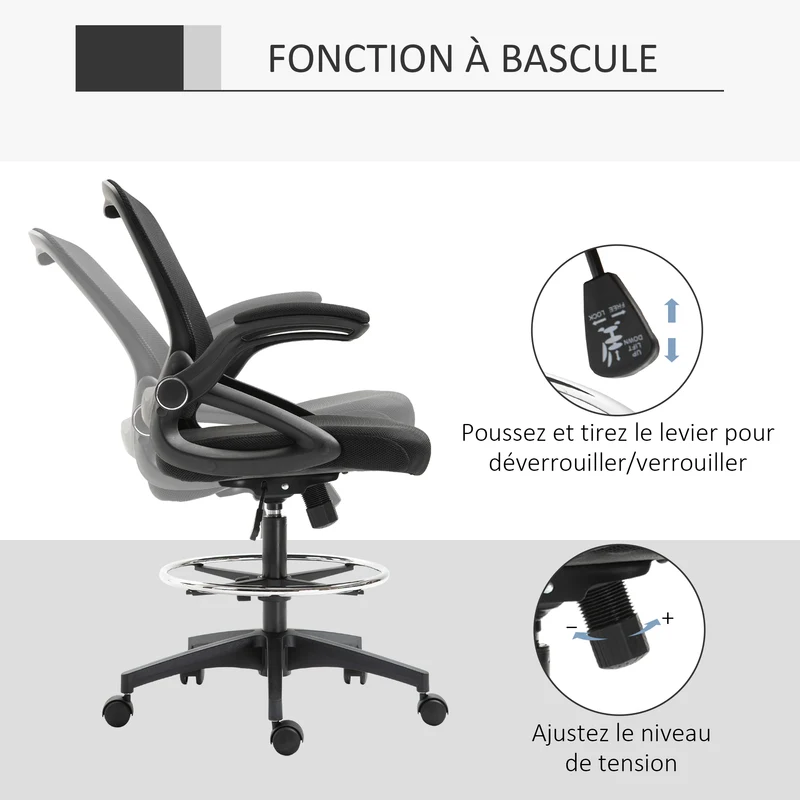 Lot de 2 fauteuils de bureau assise haute réglable 64 x 60 x 106-126 cm ergonomique design contemporain en maille noir 21_0006343