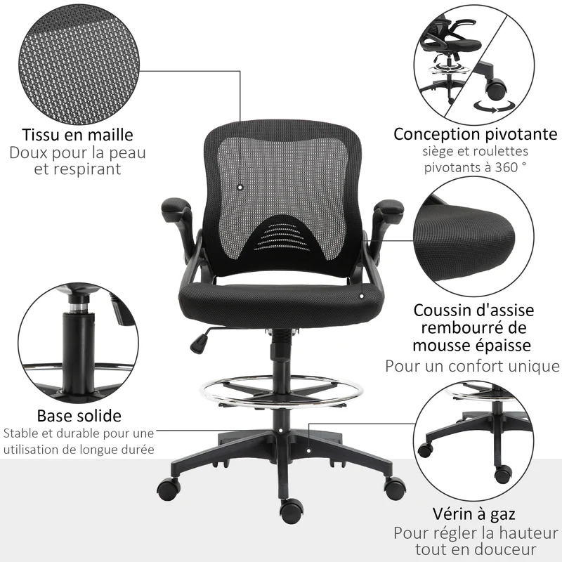 Lot de 2 fauteuils de bureau assise haute réglable 64 x 60 x 106-126 cm ergonomique design contemporain en maille noir 21_0006343