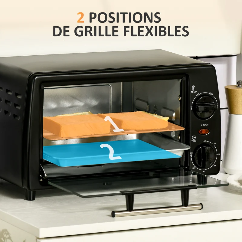 Mini four de table 10 l cuisson réglable minuteur 60 min 36,5x26x22 cm pizza 22 cm design moderne pratique en métal noir 21_0000934