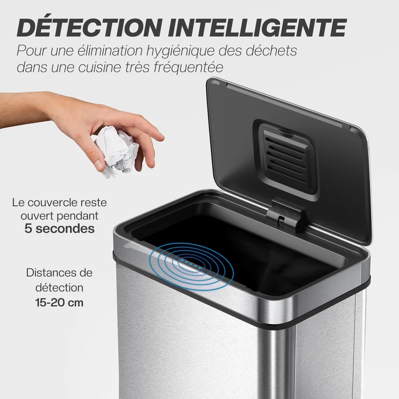 Poubelle à capteur pour cuisine 39 x 27 x 54 cm sans contact anti-odeurs design et moderne en acier inoxydable argenté 21_0005944