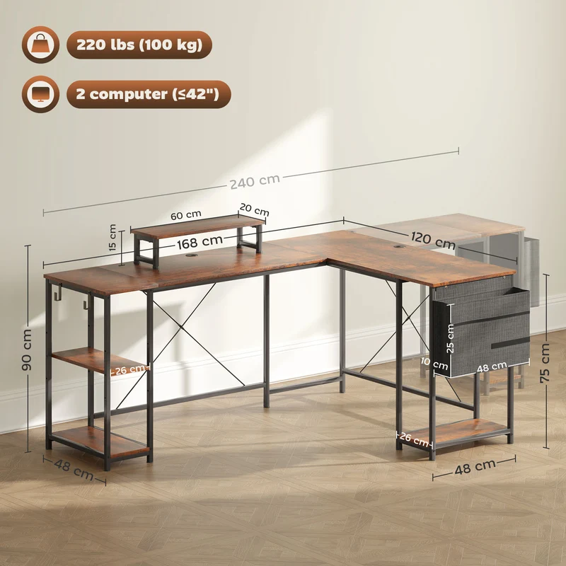 Bureau d'angle réversible 168 x 120 x 90 cm support écran espace modulable industriel en panneau de particules brun 21_0006137