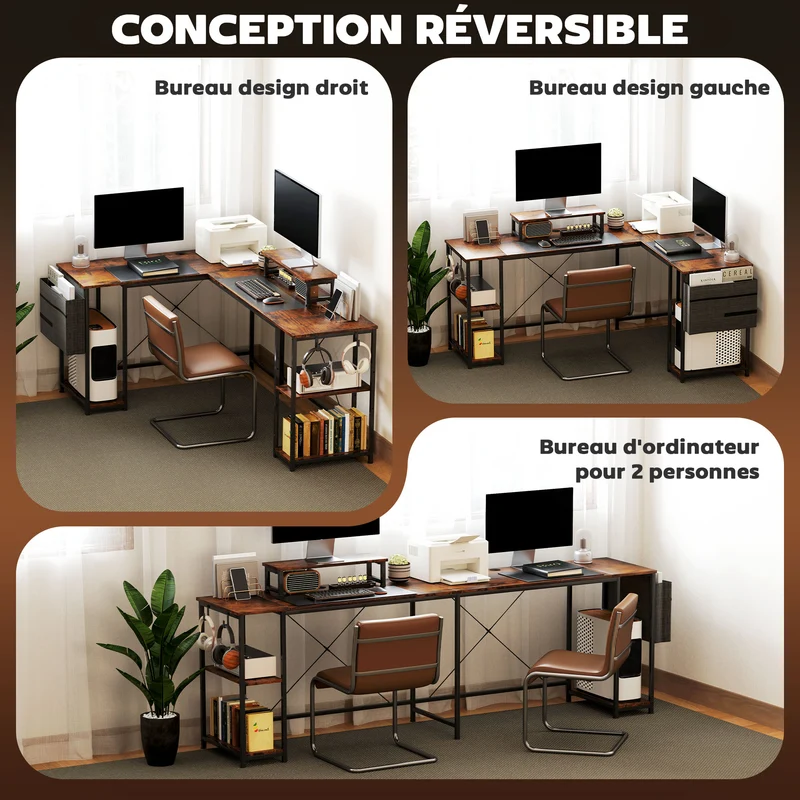 Bureau d'angle réversible 168 x 120 x 90 cm support écran espace modulable industriel en panneau de particules brun 21_0006137
