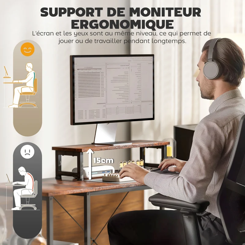 Bureau d'angle réversible 168 x 120 x 90 cm support écran espace modulable industriel en panneau de particules brun 21_0006137