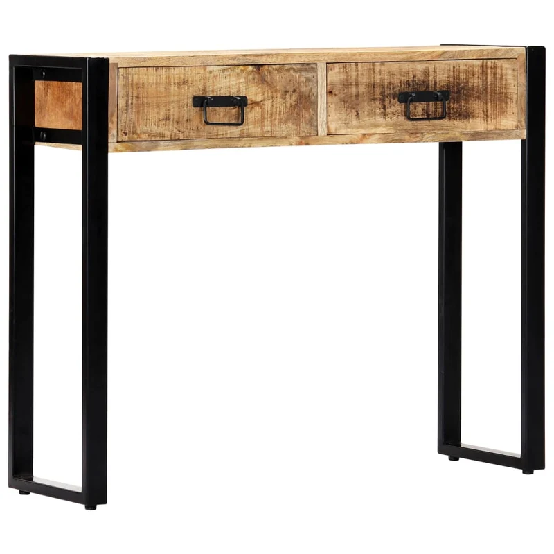 Table console avec deux tiroirs 90 x 30 x 75 cm bois de manguier et acier DEC031582