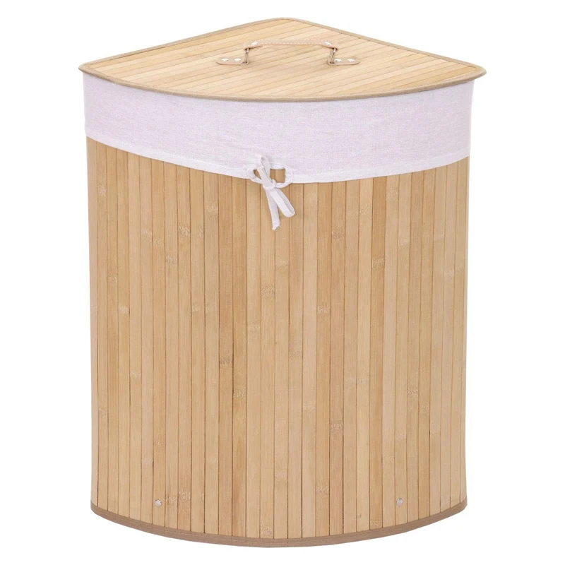 Panier / corbeille à linge d'angle en bambou nature 50l avec poignées 61x48x35cm DEC04117