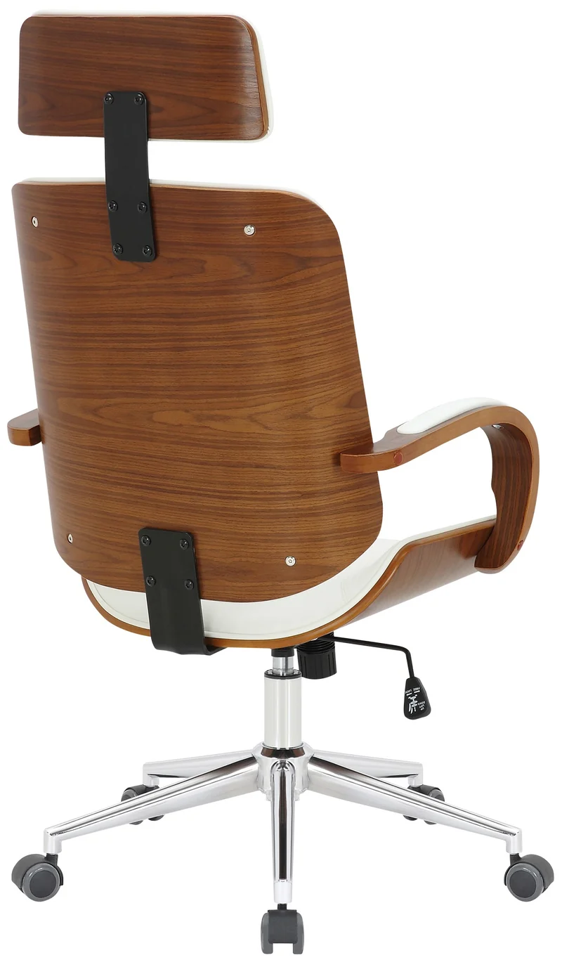 Chaise de bureau dossier et l'appuie-tête en métal PVC blanc et cadre en bois noyer 10_0002454