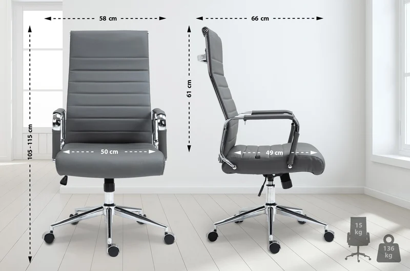 Fauteuil de bureau avec accoudoirs siège pivotant mécanisme à bascule en cuir véritable gris 10_0002520